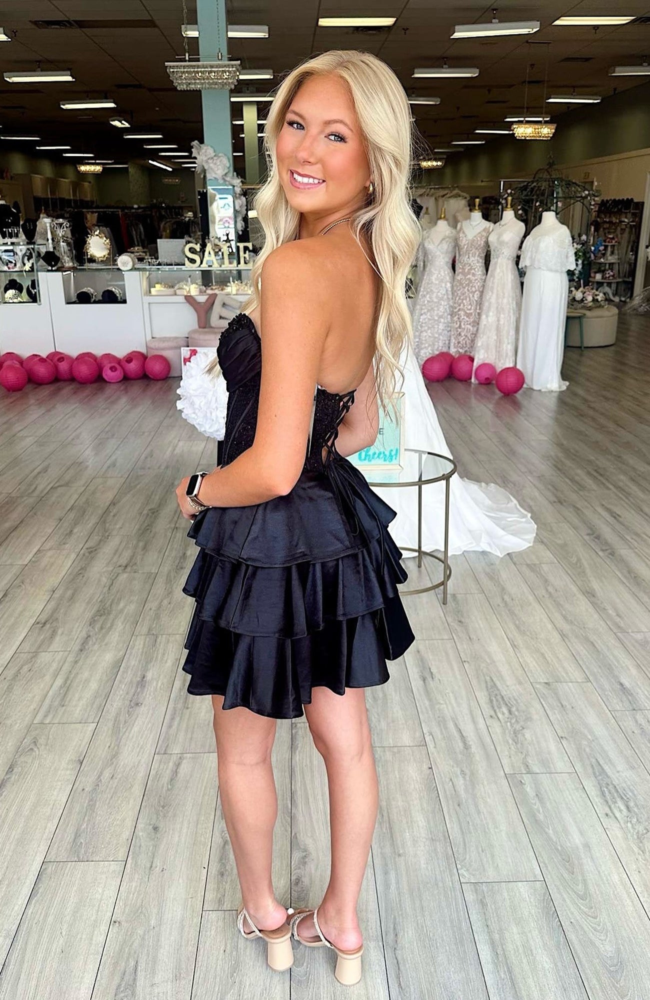A-Line Sweetheart Neck Short/Mini Black Satin Homecoming Dress with Tiered Ruffle Skirt