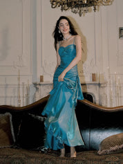 Teal Trumpet/Mermaid Sweetheart Floor-Length Satin Prom Dress with Draped Asymmetrical Skirt