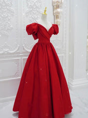Red A-Line V Neck Floor-Length Satin Prom Dress with Puff Sleeves