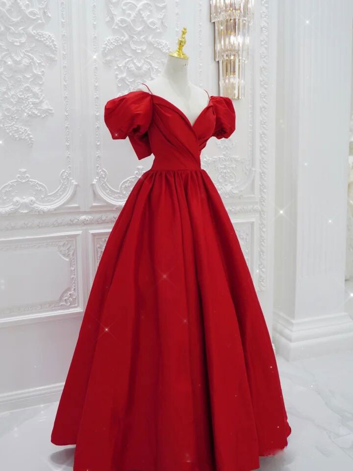 Red A-Line V Neck Floor-Length Satin Prom Dress with Puff Sleeves