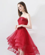 A-Line Strapless High-Low Red Tulle Homecoming Dress with Lace Bodice & Layered Ruffle Skirt