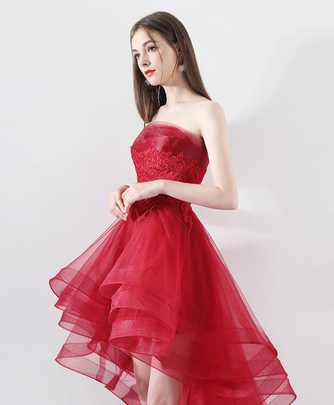 A-Line Strapless High-Low Red Tulle Homecoming Dress with Lace Bodice & Layered Ruffle Skirt