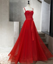 A-Line Spaghetti Straps Floor-Length Red Tulle Prom Dress with Dotted Texture & Waist Bow