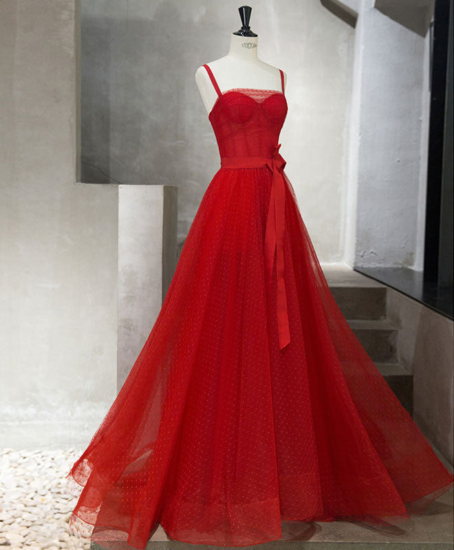 A-Line Spaghetti Straps Floor-Length Red Tulle Prom Dress with Dotted Texture & Waist Bow