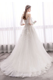 A-Line Sweetheart Neck Floor-Length Ivory Tulle & Lace Appliqué Prom Dress with Cold-Shoulder Sleeves