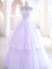 A-Line Sweetheart Floor-Length Lavender Tulle Prom Dress with Tiered Skirt