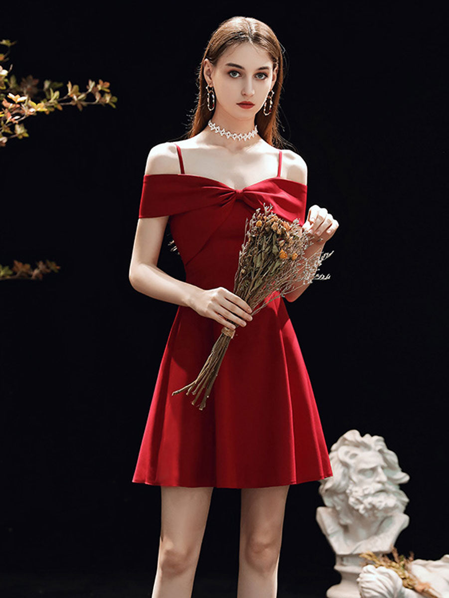 A-Line Sweetheart Knee-Length Red Satin Homecoming Dress with Off-the-Shoulder Straps