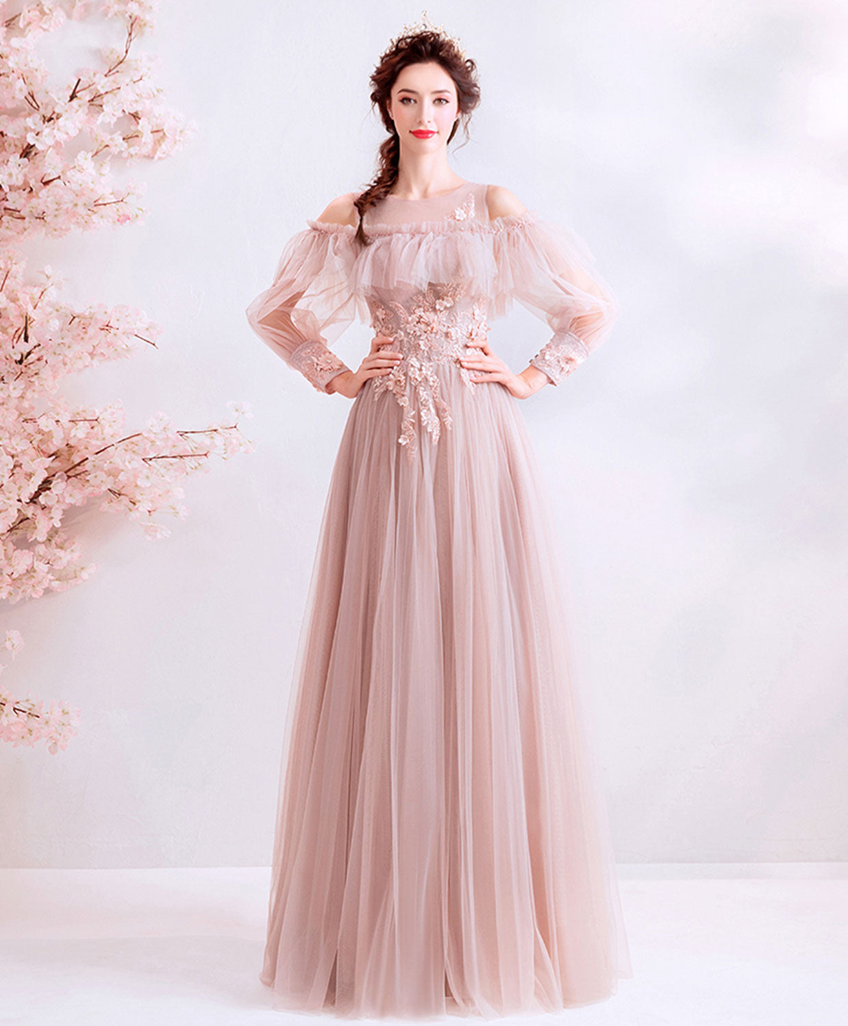 A-Line Off-the-Shoulder Floor-Length Blush Tulle & Lace Prom Dress with Long Sleeves and Floral Appliqué