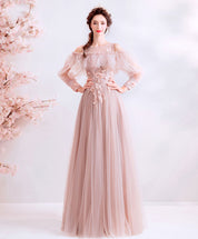 A-Line Off-the-Shoulder Floor-Length Blush Tulle & Lace Prom Dress with Long Sleeves and Floral Appliqué