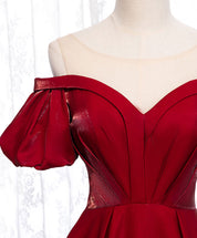 A-Line Burgundy Illusion Sweetheart Floor-Length Satin Prom Dress with Puff Sleeves and Structured Bodice