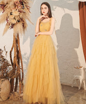 A-Line Yellow V Neck Floor-Length Tulle Prom Dress with Tiered Ruffle Skirt