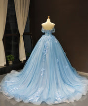 Ball Gown Sweetheart Neckline Floor-Length Light Blue Tulle Lace Appliqué Prom Dress