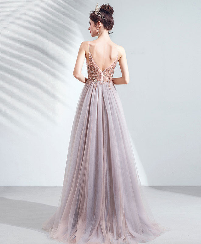 A-line V Neck Floor-Length Tulle Sequin Beaded Prom Dress with High Slit