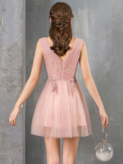 A-Line V-Neck Knee-Length Blush Tulle Homecoming Dress with Beaded Lace Bodice
