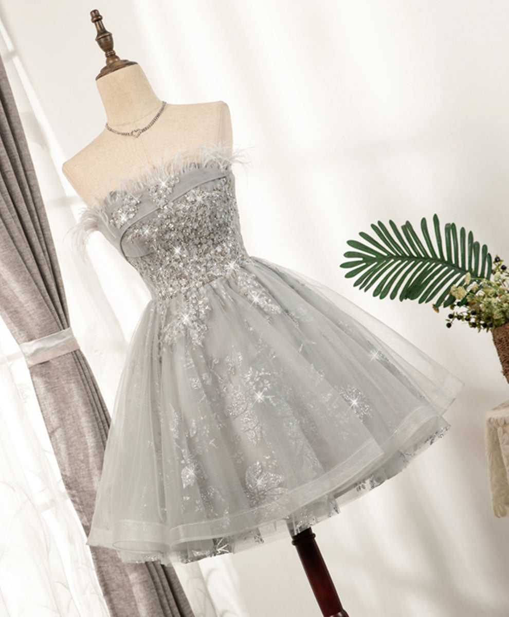 A-Line Straight Neck Short Silver Tulle Lace Homecoming Dress with Feather Trim and Sequin Sparkle