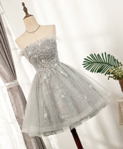 A-Line Straight Neck Short Silver Tulle Lace Homecoming Dress with Feather Trim and Sequin Sparkle