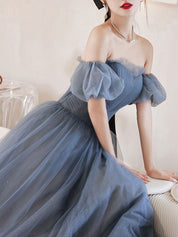 A-Line Sweetheart Neck Floor-Length Dusty Blue Tulle Prom Dress with Puff Sleeves