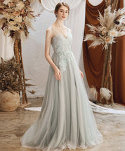 A-Line V-Neck Floor-Length Sage Green Tulle Prom Dress with Delicate Lace Appliqué