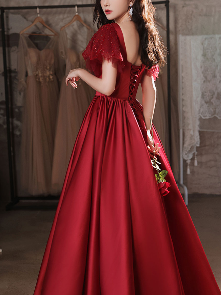 A-Line Square Neck Floor-Length Red Satin Prom Dress with Flutter Sleeves