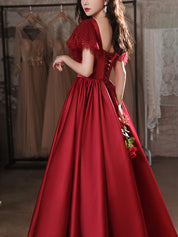 A-Line Square Neck Floor-Length Red Satin Prom Dress with Flutter Sleeves