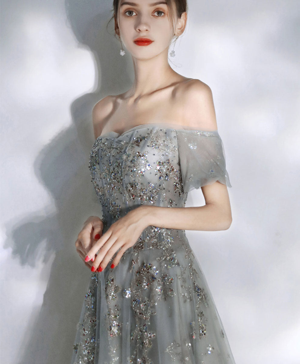 A-Line Smoke Gray Off-the-Shoulder Sweetheart Floor-Length Tulle Sequin Lace Prom Dress with Soft Tulle Sleeves