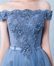 Off-The-Shoulder Floral Lace Appliqué Tulle Prom Dress With Lace-Up Back