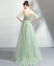A-Line Off-the-Shoulder Spaghetti Straps Floor-Length Mint Green Tulle & Lace Prom Dress with Appliqué Bodice
