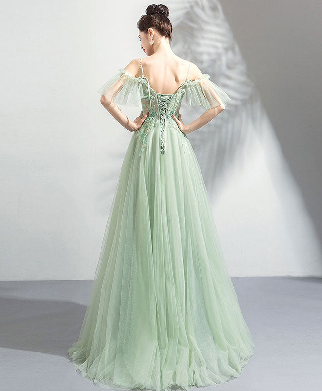 A-Line Off-the-Shoulder Spaghetti Straps Floor-Length Mint Green Tulle & Lace Prom Dress with Appliqué Bodice
