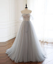 A-Line Sweetheart Floor-Length Gray Tulle Prom Dress with Illusion Beaded Bodice