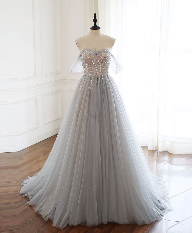 A-Line Sweetheart Floor-Length Gray Tulle Prom Dress with Illusion Beaded Bodice