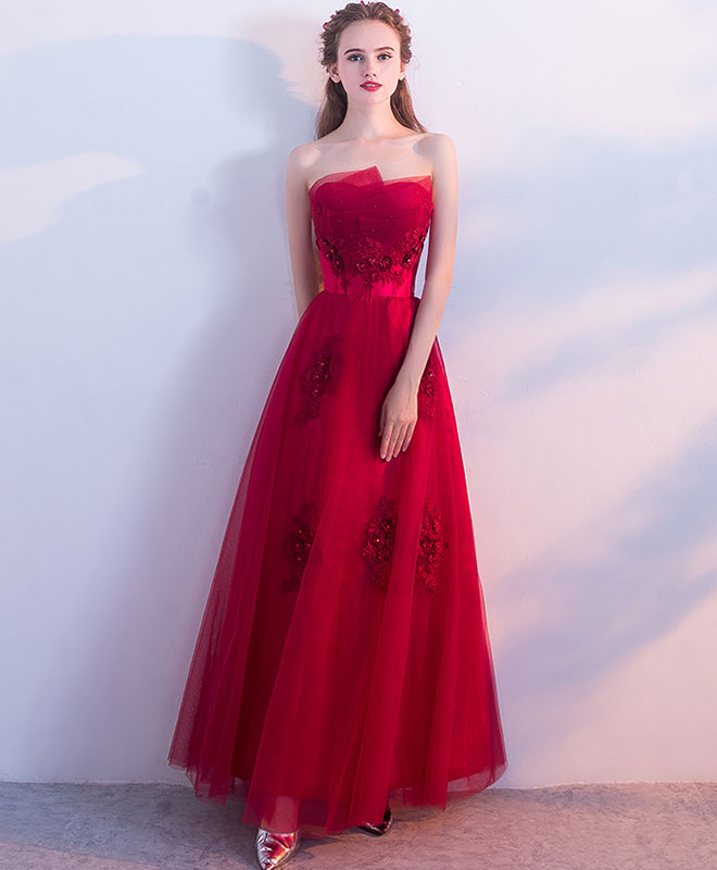 A-line Strapless Floor-Length Tulle Prom Dress with Lace Appliqué