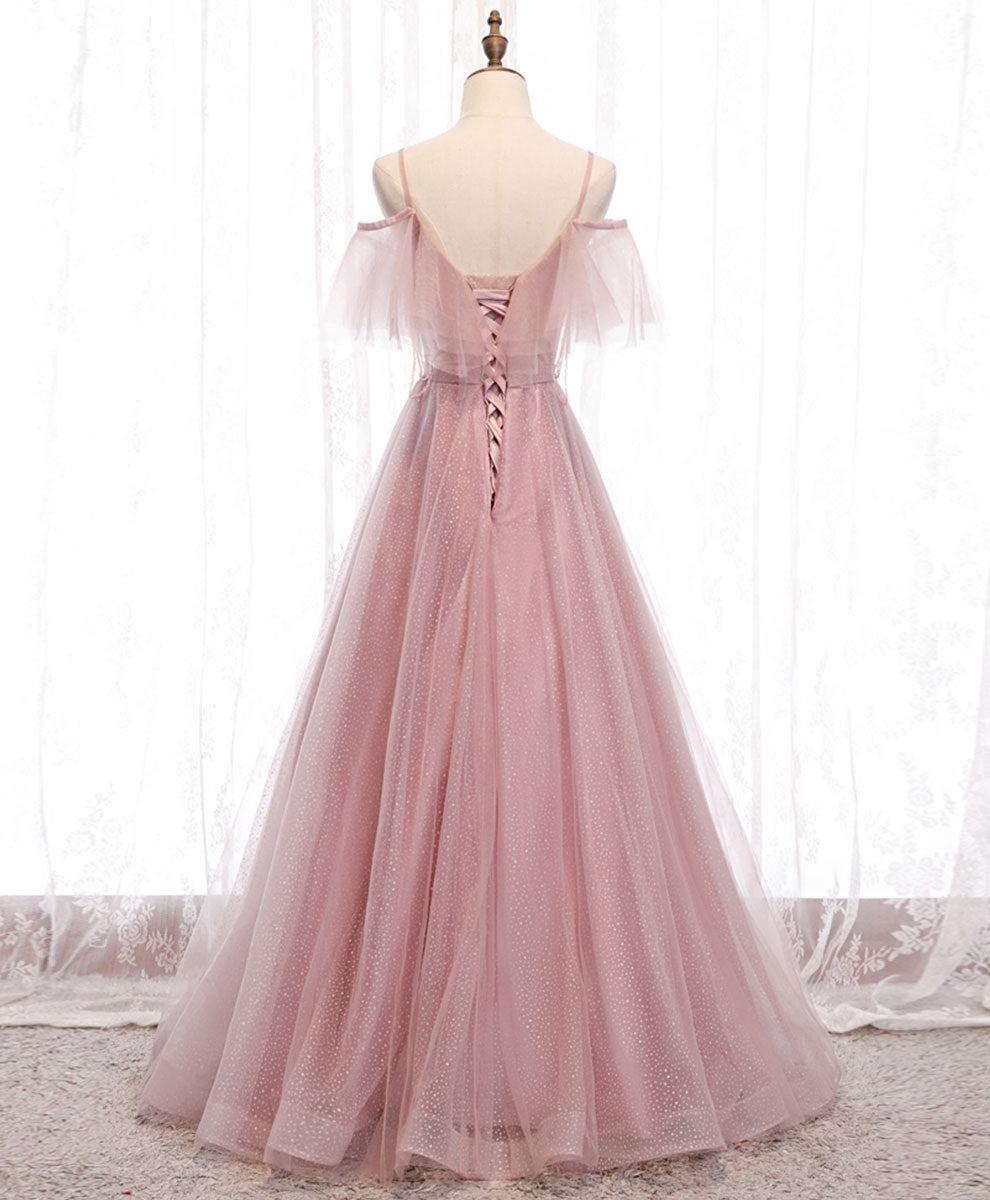A-Line Blush Pink Spaghetti Straps Floor-Length Tulle Beaded Prom Dress with Ruffled Bodice