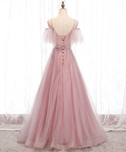 A-Line Blush Pink Spaghetti Straps Floor-Length Tulle Beaded Prom Dress with Ruffled Bodice