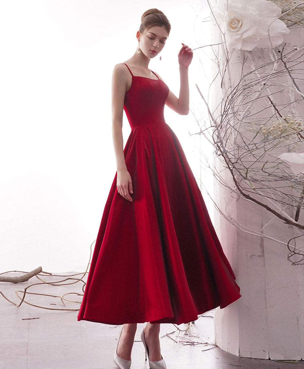 A-Line Red Square Neck Tea-Length Satin Prom Dress with Clean Pleated Skirt