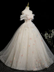 Off-Shoulder Floral Tulle Ball Gown Prom Dress with Corset Bodice