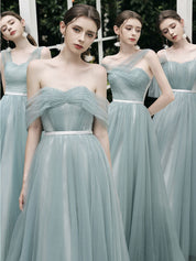 A-Line Dusty Blue One-Shoulder Floor-Length Tulle Prom Dress with Draped Bodice