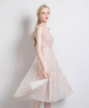 A-Line V-Neck Knee-Length Blush Tulle Lace Homecoming Dress with Textured Dot Overlay
