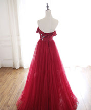 A-Line Off-the-Shoulder Floor-Length Red Tulle Prom Dress with Ruffle Neckline