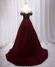 A-Line Burgundy Off-the-Shoulder Illusion Neck Floor-Length Velvet Prom Dress with Structured Pleated Skirt