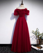 A-Line Burgundy Off-the-Shoulder Floor-Length Tulle Prom Dress with Puffy Sleeves