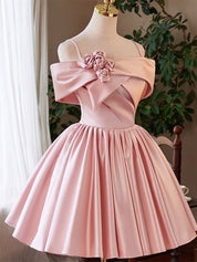 A-line Off Shoulder Satin Pink Short Prom Dress, Pink Homecoming dress