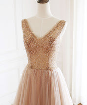 A-line V Neck Floor-Length Tulle & Lace Beaded Prom Dress