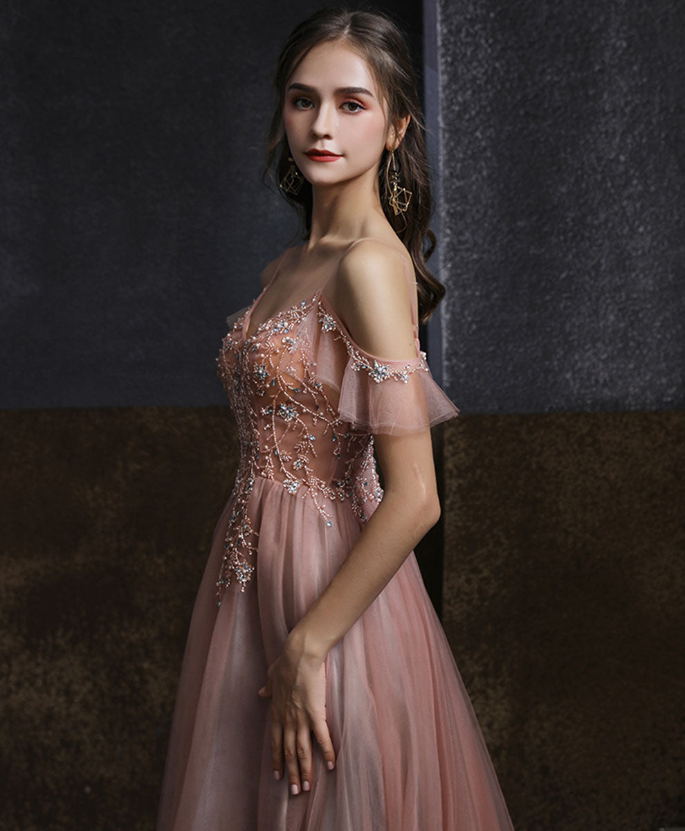A-Line V-Neck Floor-Length Blush Tulle Beaded Prom Dress