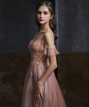 A-Line V-Neck Floor-Length Blush Tulle Beaded Prom Dress