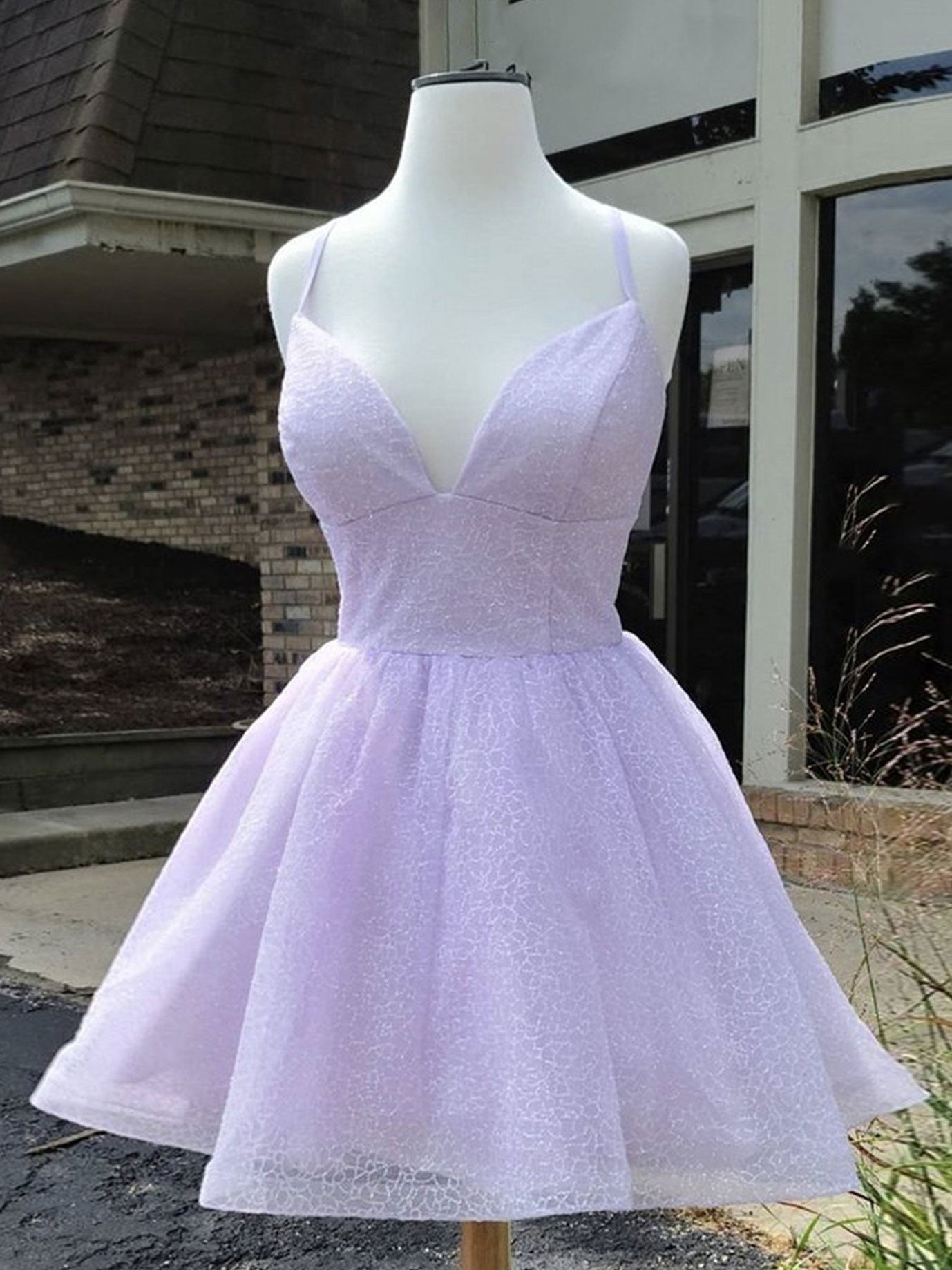 Lavender A-Line V Neck Short Tulle Homecoming Dress with Subtle Textured Finish