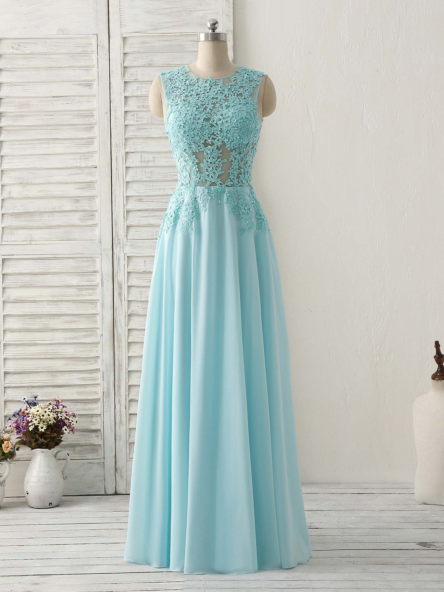 A-line Scoop Neck Floor-Length Chiffon & Lace Prom Dress