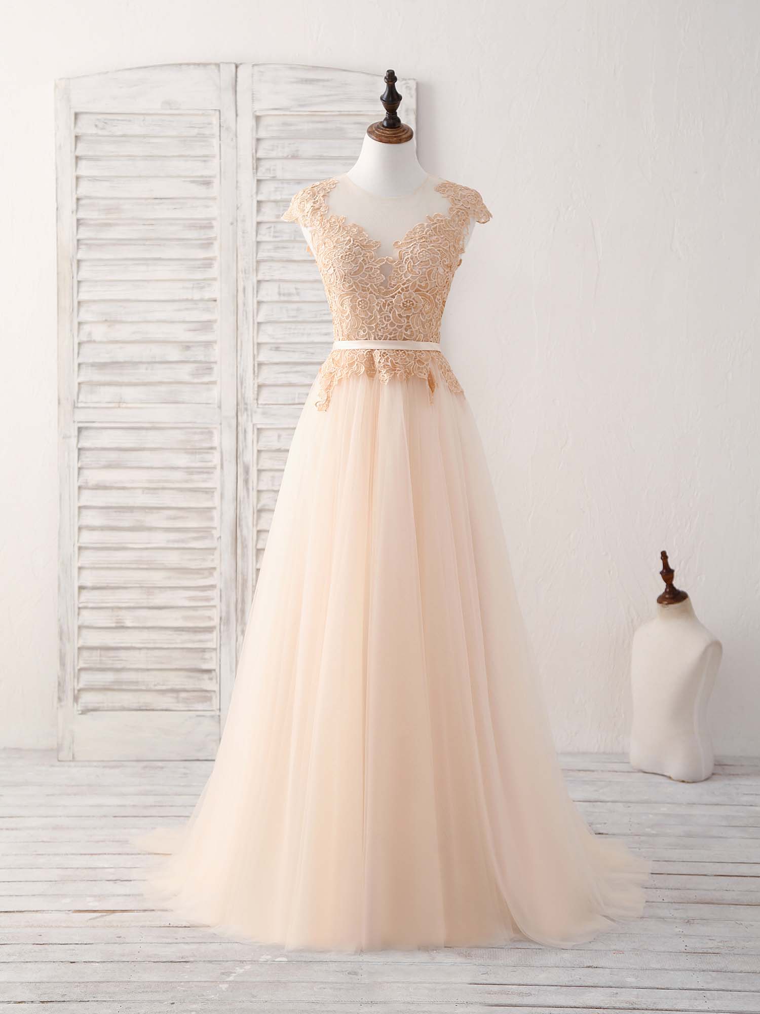 A-line V-Neck Floor-Length Tulle Lace Prom Dress with Embroidered Bodice