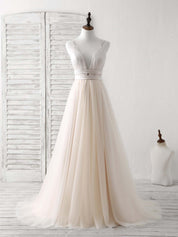 A-Line V-Neck Floor-Length Tulle Prom Dress with Spaghetti Straps