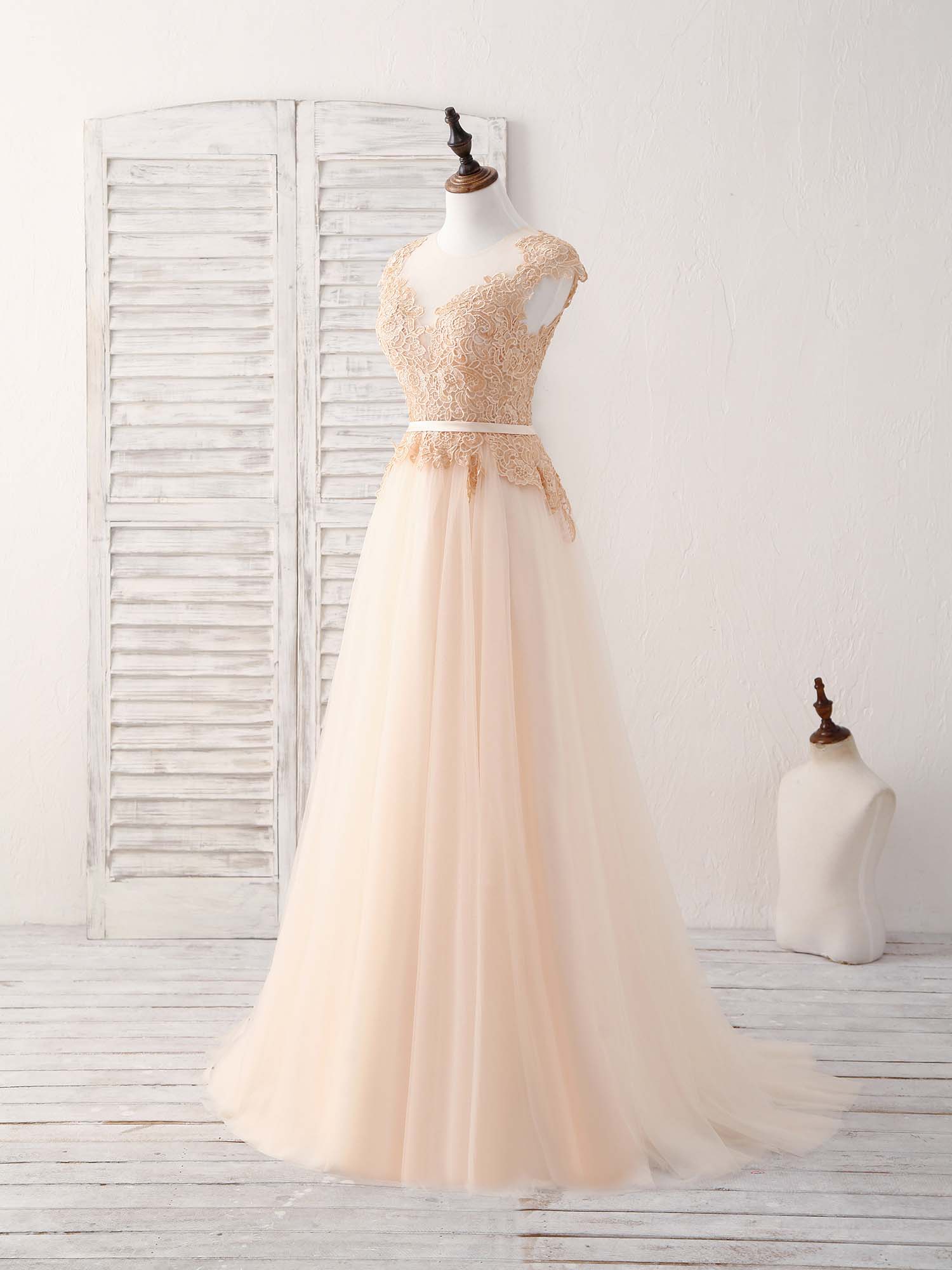 A-line V-Neck Floor-Length Tulle Lace Prom Dress with Embroidered Bodice