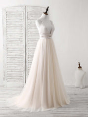 A-Line V-Neck Floor-Length Tulle Prom Dress with Spaghetti Straps